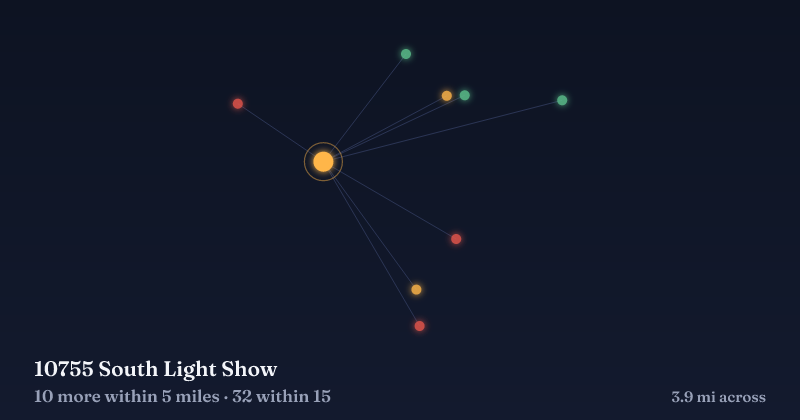 Map of 10755 South Light Show and the 32 other Christmas light displays within 15 miles