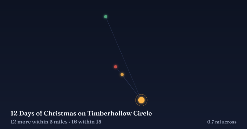 Map of 12 Days of Christmas on Timberhollow Circle and the 16 other Christmas light displays within 15 miles