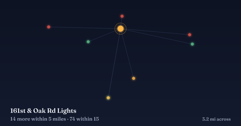Map of 161st & Oak Rd Lights and the 74 other Christmas light displays within 15 miles