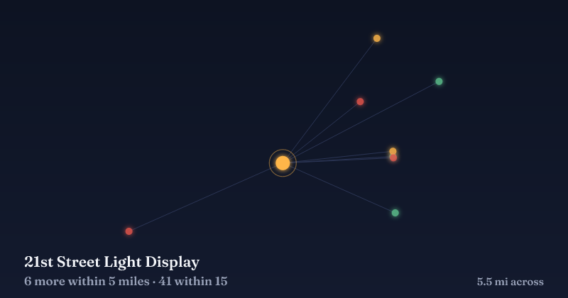 Map of 21st Street Light Display and the 41 other Christmas light displays within 15 miles