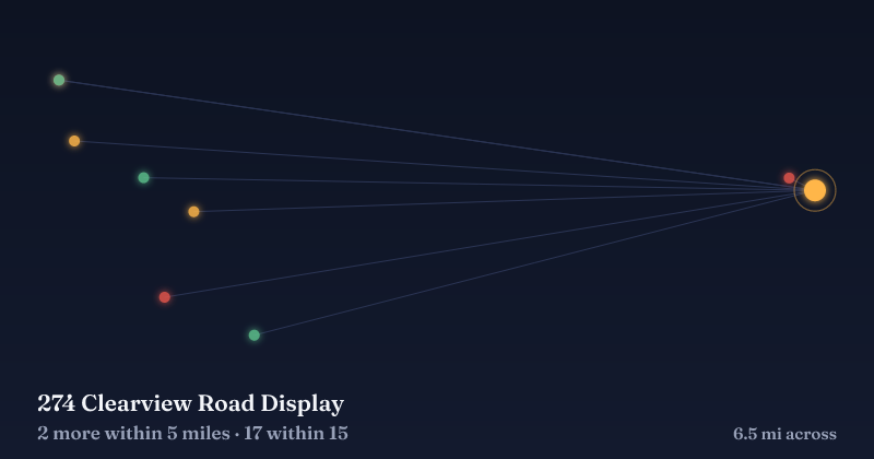 Map of 274 Clearview Road Display and the 17 other Christmas light displays within 15 miles