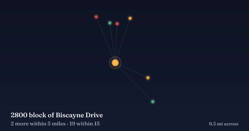 Map of 2800 block of Biscayne Drive and the 19 other Christmas light displays within 15 miles