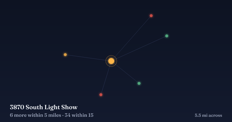 Map of 3870 South Light Show and the 34 other Christmas light displays within 15 miles