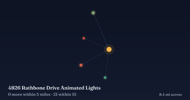 Map of 4826 Rathbone Drive Animated Lights and the 21 other Christmas light displays within 15 miles