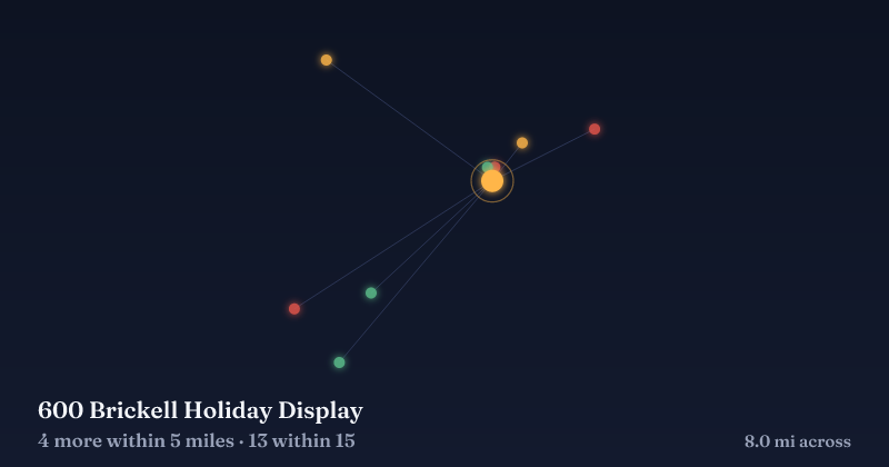 Map of 600 Brickell Holiday Display and the 13 other Christmas light displays within 15 miles
