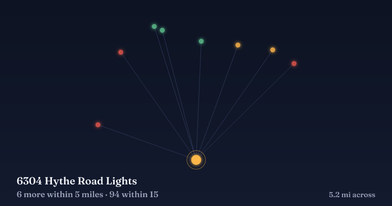 Map of 6304 Hythe Road Lights and the 94 other Christmas light displays within 15 miles