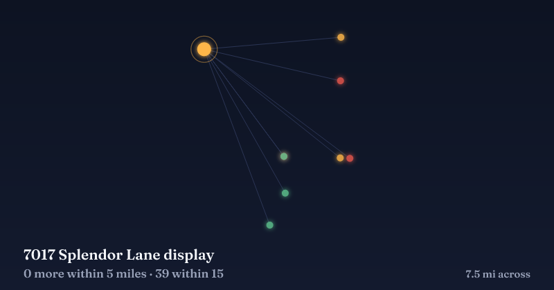 Map of 7017 Splendor Lane display and the 39 other Christmas light displays within 15 miles