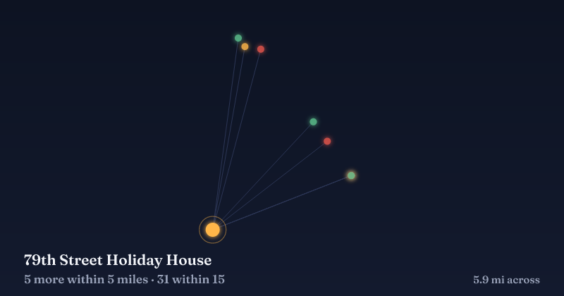 Map of 79th Street Holiday House and the 31 other Christmas light displays within 15 miles