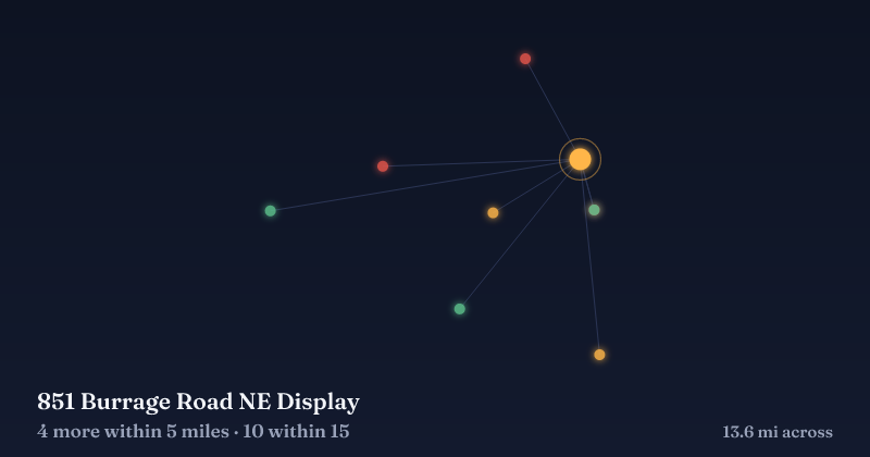 Map of 851 Burrage Road NE Display and the 10 other Christmas light displays within 15 miles
