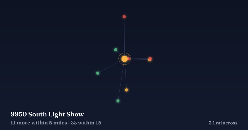 Map of 9950 South Light Show and the 33 other Christmas light displays within 15 miles
