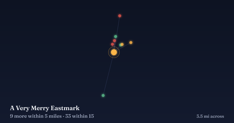 Map of A Very Merry Eastmark and the 33 other Christmas light displays within 15 miles