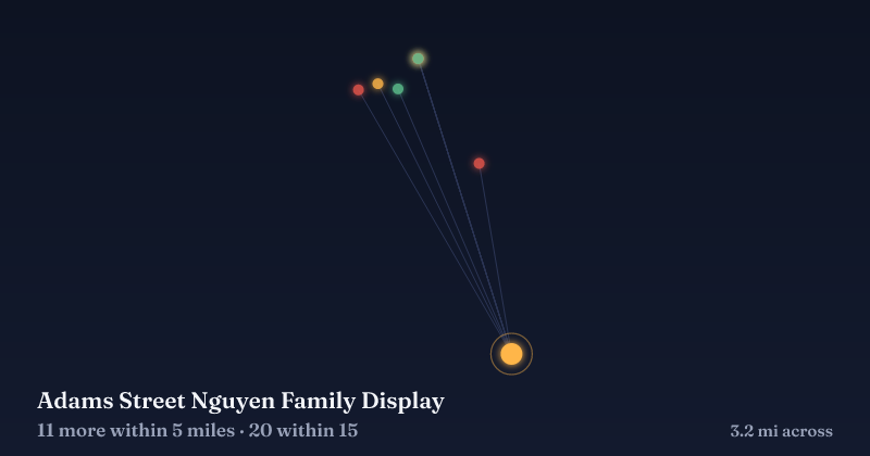 Map of Adams Street Nguyen Family Display and the 20 other Christmas light displays within 15 miles