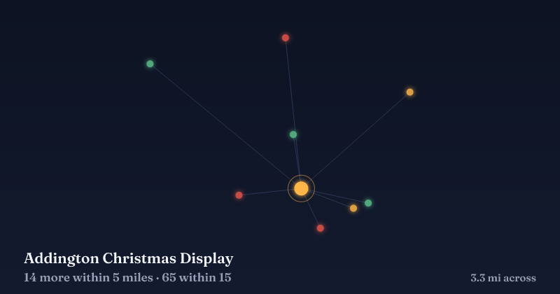 Map of Addington Christmas Display and the 65 other Christmas light displays within 15 miles