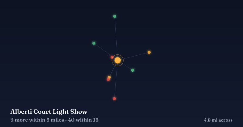 Map of Alberti Court Light Show and the 40 other Christmas light displays within 15 miles