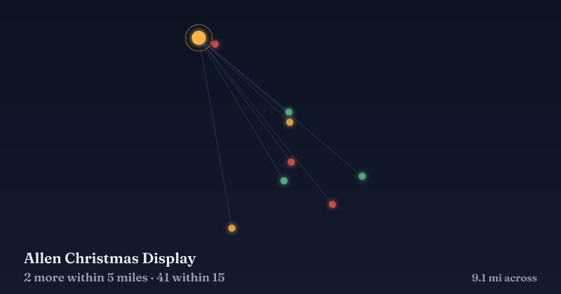 Map of Allen Christmas Display and the 41 other Christmas light displays within 15 miles