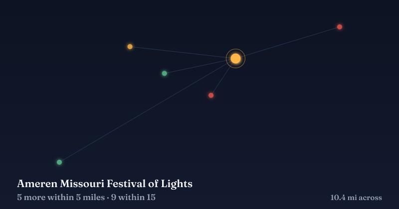 Map of Ameren Missouri Festival of Lights and the 9 other Christmas light displays within 15 miles