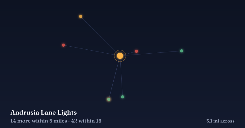 Map of Andrusia Lane Lights and the 42 other Christmas light displays within 15 miles