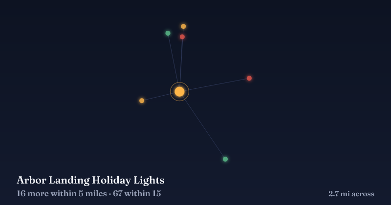 Map of Arbor Landing Holiday Lights and the 67 other Christmas light displays within 15 miles