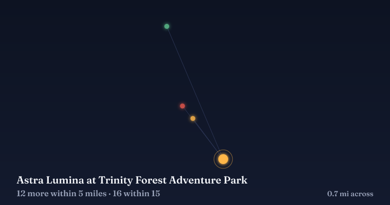Map of Astra Lumina at Trinity Forest Adventure Park and the 16 other Christmas light displays within 15 miles