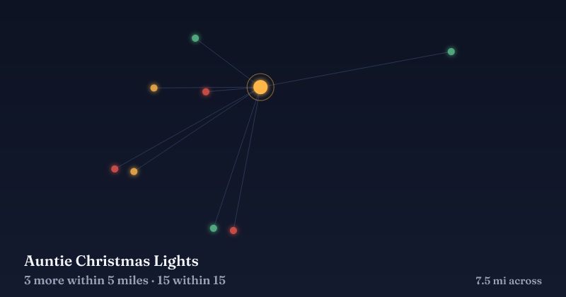 Map of Auntie Christmas Lights and the 15 other Christmas light displays within 15 miles
