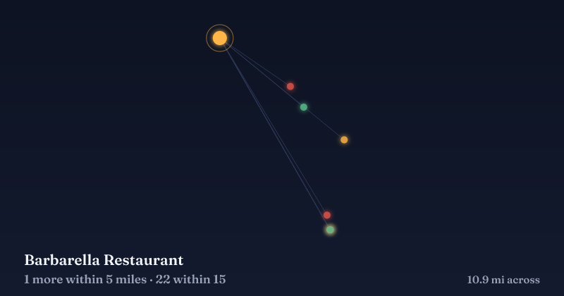 Map of Barbarella Restaurant and the 22 other Christmas light displays within 15 miles