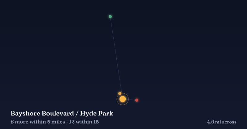 Map of Bayshore Boulevard / Hyde Park and the 12 other Christmas light displays within 15 miles