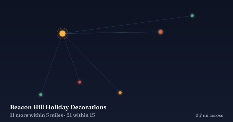 Map of Beacon Hill Holiday Decorations and the 21 other Christmas light displays within 15 miles