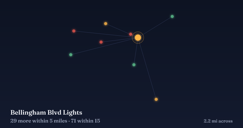 Map of Bellingham Blvd Lights and the 71 other Christmas light displays within 15 miles
