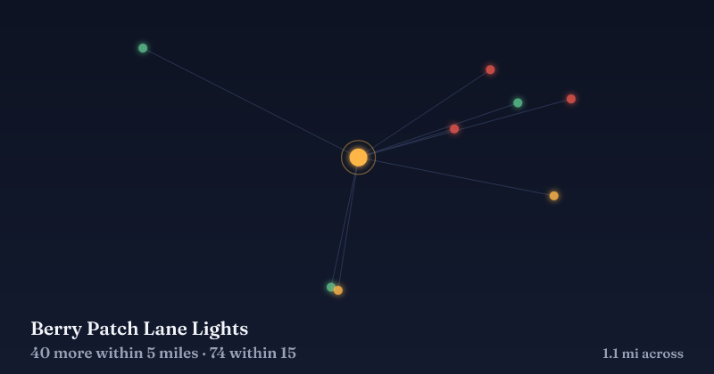 Map of Berry Patch Lane Lights and the 74 other Christmas light displays within 15 miles