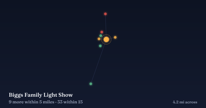 Map of Biggs Family Light Show and the 33 other Christmas light displays within 15 miles