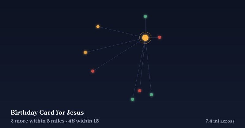 Map of Birthday Card for Jesus and the 48 other Christmas light displays within 15 miles