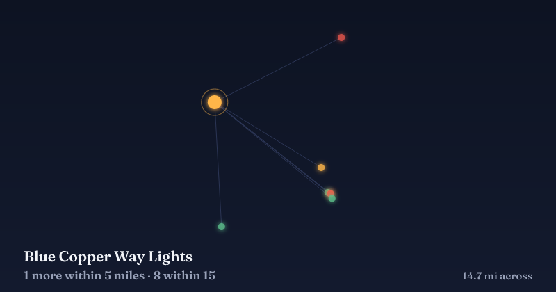 Map of Blue Copper Way Lights and the 8 other Christmas light displays within 15 miles
