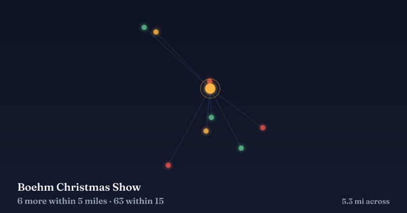 Map of Boehm Christmas Show and the 63 other Christmas light displays within 15 miles