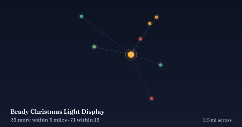 Map of Brady Christmas Light Display and the 71 other Christmas light displays within 15 miles