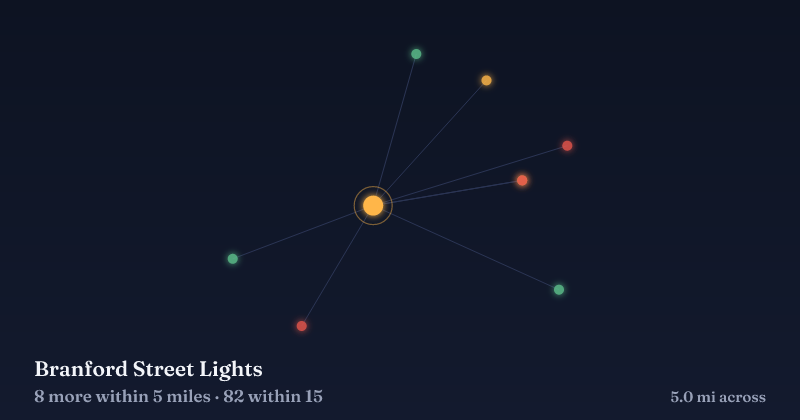 Map of Branford Street Lights and the 82 other Christmas light displays within 15 miles