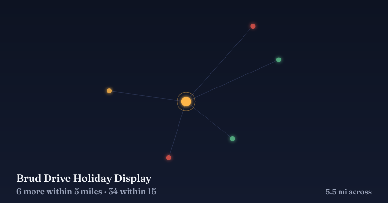 Map of Brud Drive Holiday Display and the 34 other Christmas light displays within 15 miles