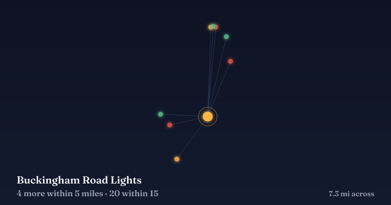 Map of Buckingham Road Lights and the 20 other Christmas light displays within 15 miles