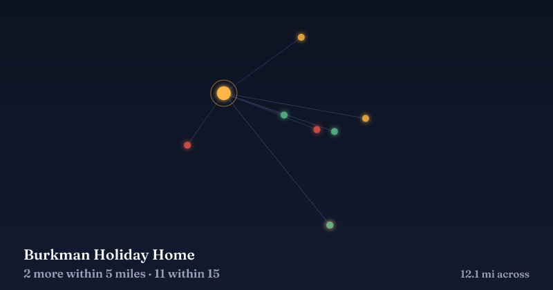 Map of Burkman Holiday Home and the 11 other Christmas light displays within 15 miles