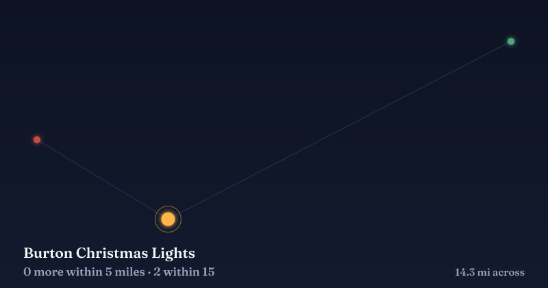 Map of Burton Christmas Lights and the 2 other Christmas light displays within 15 miles