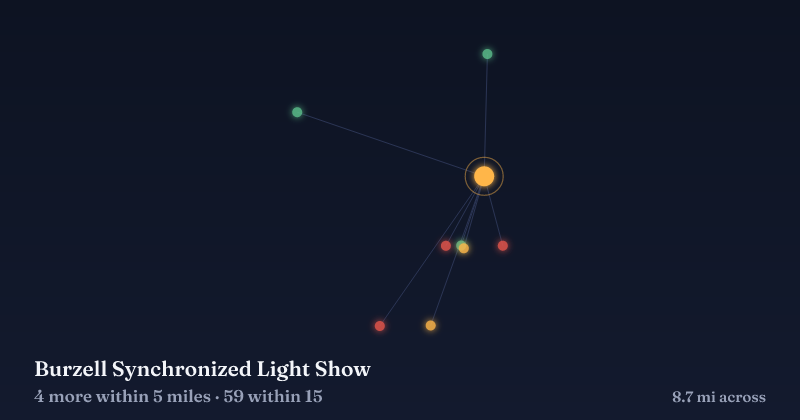 Map of Burzell Synchronized Light Show and the 59 other Christmas light displays within 15 miles