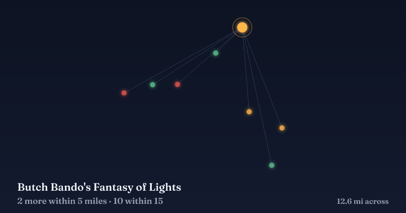 Map of Butch Bando's Fantasy of Lights and the 10 other Christmas light displays within 15 miles