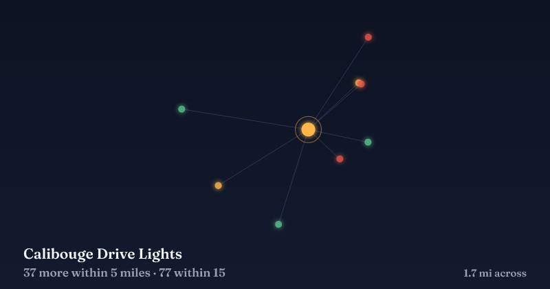 Map of Calibouge Drive Lights and the 77 other Christmas light displays within 15 miles