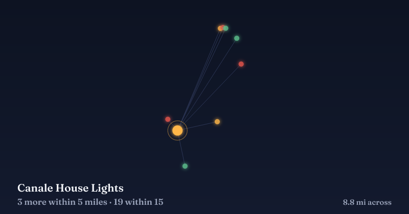 Map of Canale House Lights and the 19 other Christmas light displays within 15 miles