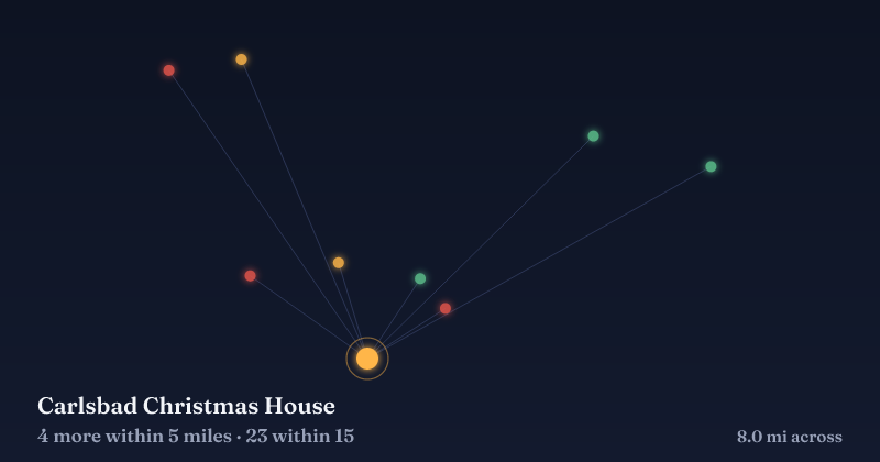 Map of Carlsbad Christmas House and the 23 other Christmas light displays within 15 miles
