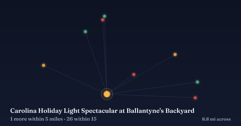 Map of Carolina Holiday Light Spectacular at Ballantyne's Backyard and the 26 other Christmas light displays within 15 miles
