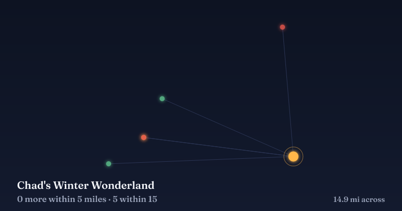 Map of Chad's Winter Wonderland and the 5 other Christmas light displays within 15 miles