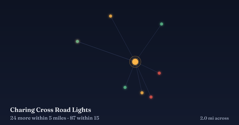 Map of Charing Cross Road Lights and the 87 other Christmas light displays within 15 miles