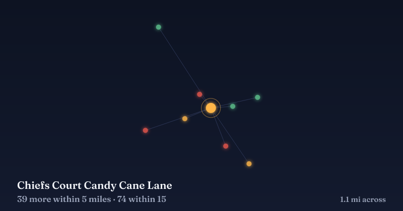 Map of Chiefs Court Candy Cane Lane and the 74 other Christmas light displays within 15 miles