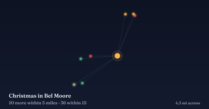 Map of Christmas in Bel Moore and the 36 other Christmas light displays within 15 miles
