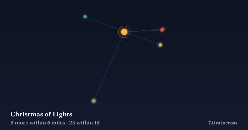 Map of Christmas of Lights and the 23 other Christmas light displays within 15 miles
